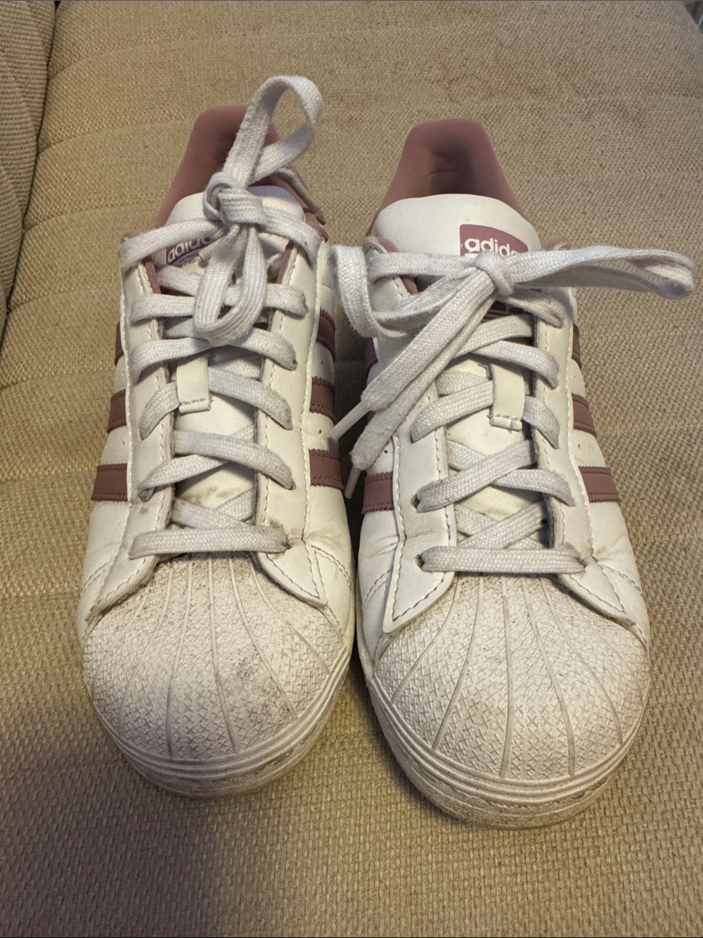 adidas White Leather Superstars with Mauve Accent
